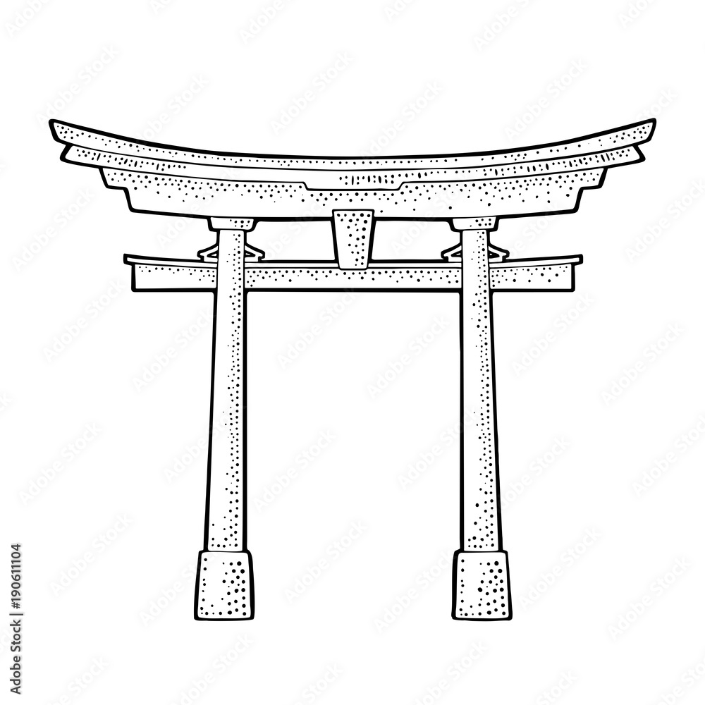 Traditional japanese torii gate in Japan. Vintage black vector engraving  Stock Vector | Adobe Stock