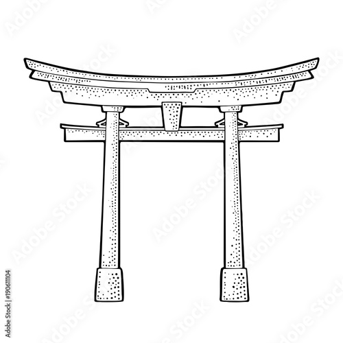 Traditional japanese torii gate in Japan. Vintage black vector engraving