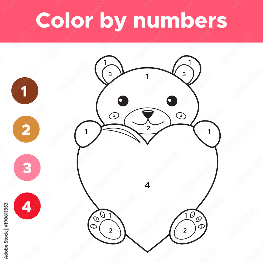 Color by numbers for preschool kids, Valentines day cartoon kawaii bear