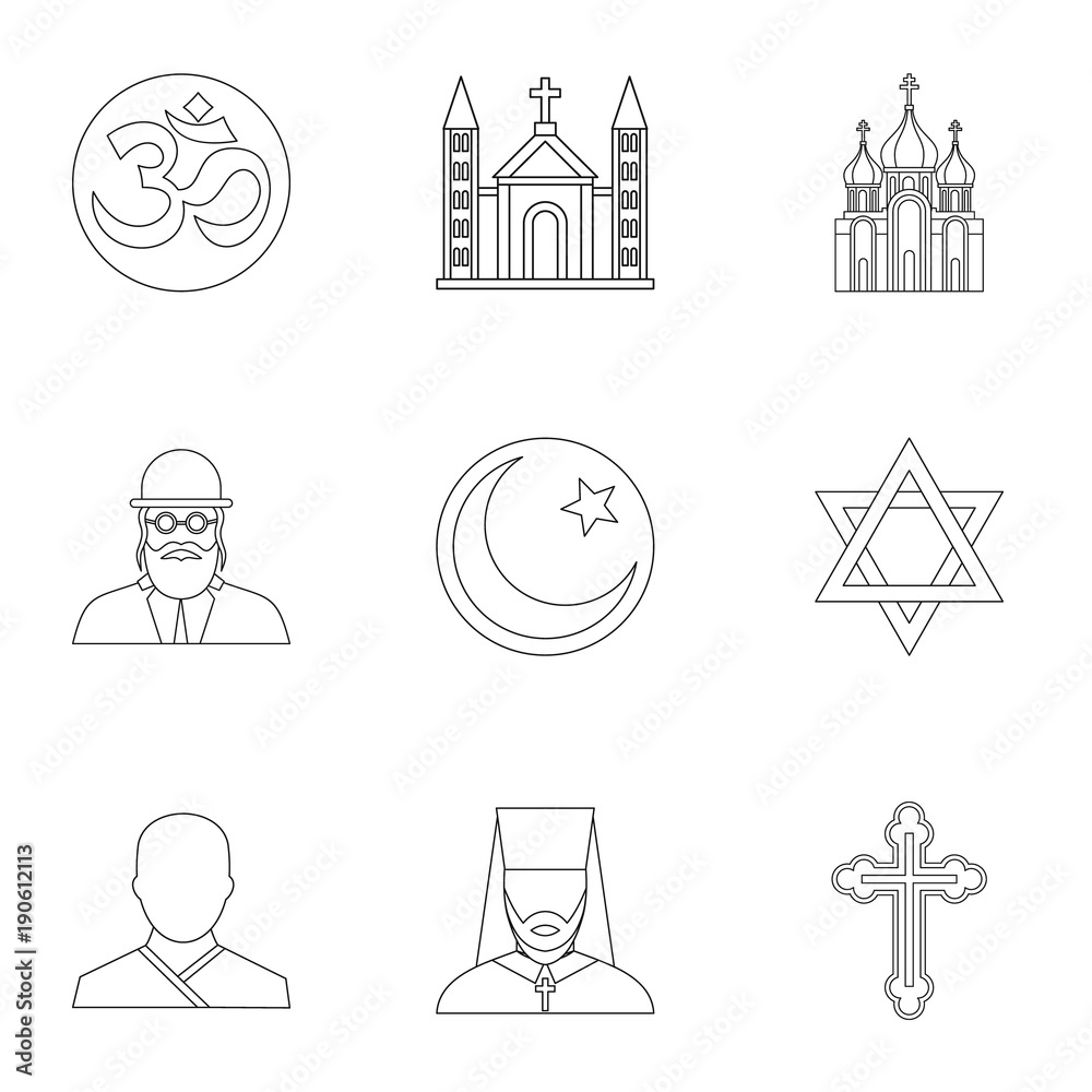 Beliefs icons set, outline style