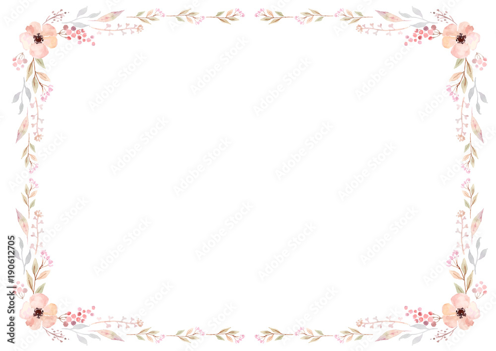 Floral frame template with soft pink flowers and leaves on white background. Vector design illustration element for decoration, print, card, invitation.
