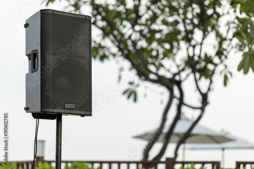 Close up details of Acoustic speaker with woofer and loudspeaker with outdoor photo