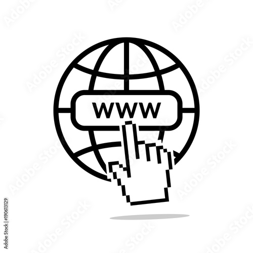 Internet icon. World net favicon with old pixelated hand mouse cursor