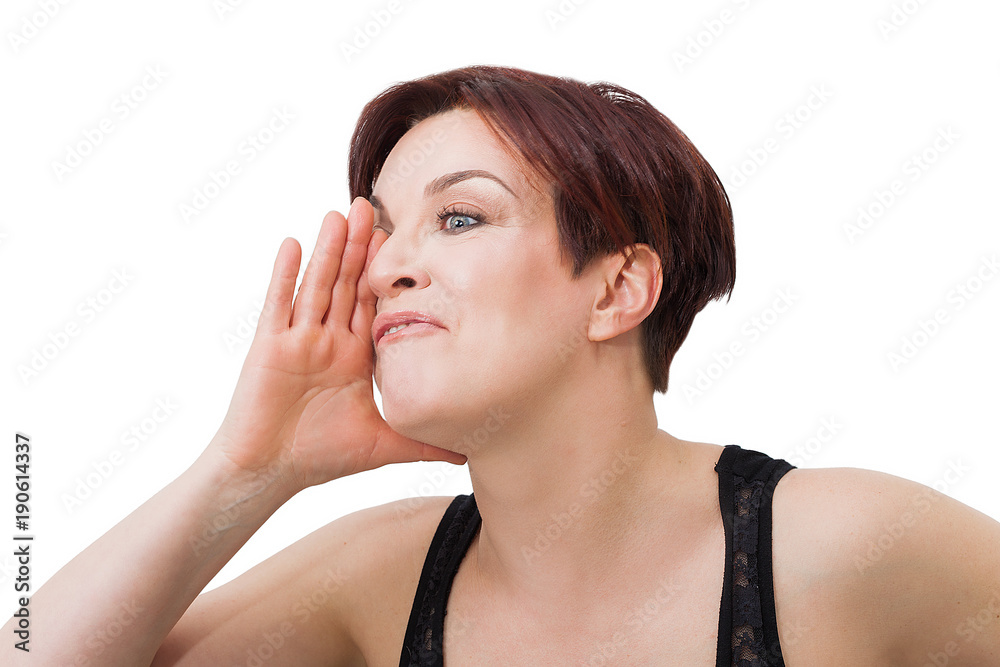 Beautiful woman portrait with short red hair mocking somebody while gesturing Beautiful woman portrait with short red hair mocking somebody while gesturing