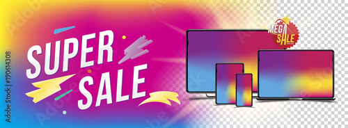 Super Sale Banner with set of realistic devices - smartphone, tablet, laptop and computer on the colour background. Sticker mega sale and light effect. Flat vector illustration EPS 10