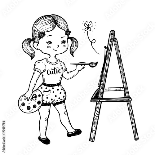 Vector illustration of a cute little girl drawing behind an easel