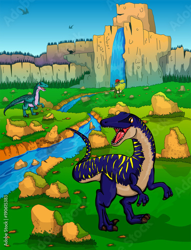 Cute cartoon velociraptors  on the background of nature. Vector illustration of a cartoon dinosaurs. photo