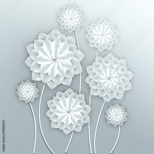 Paper flowers. Volumetric floral background. 3d Illustration for postcard, decor, invitation card