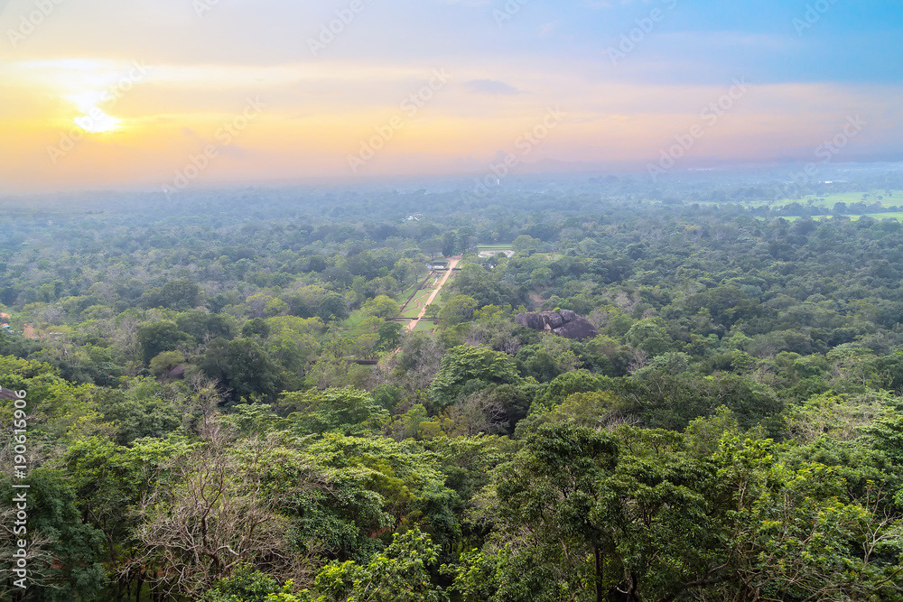Sigiriya Rock or Sinhagiri aerial panoramic view, which dominates the jungle from all sides, Dambulla in Sri Lanka.
