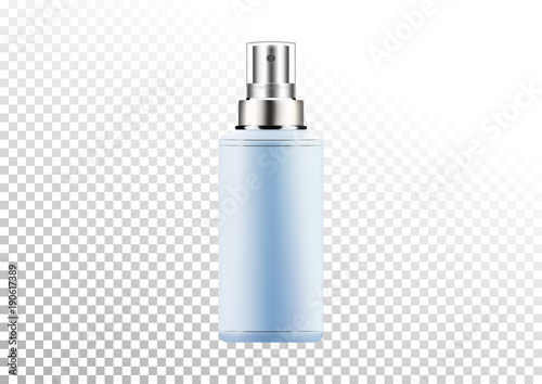 Vector empty silver and blue package for cosmetic products with batcher, tube for lotion, shower gel, shampoo, cream. Realistic mockup of plastic container isolated on white-transparent background.