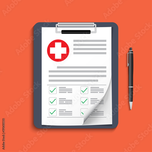 Clipboard with medical cross and pen. Clinical record, prescription, claim, medical check marks report, health insurance concepts. Premium quality. Modern flat design graphic elements. 