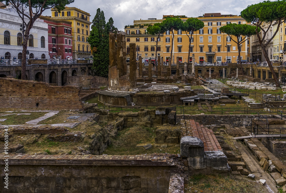 Rome, Italy Largo di Torre Argentina archaeological site. Square with the remains of the Theatre of Pompey where Julius Caesar was believed to be assassinated. 