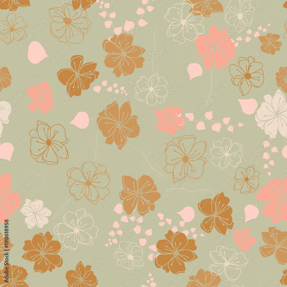 Anemone or windflower poppies flowers and ivy leaves. Floral vector seamless pattern with hand drawn elements. Anemone or windflower poppies flowers and ivy leaves. Floral vector seamless pattern with hand drawn elements.