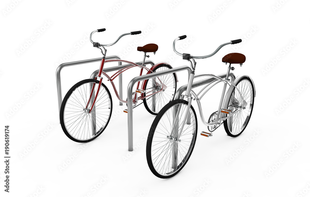 Bikes at a parking place, Bicycles, Bike theme elements, Street speed sport bicycle, Bikes isolated on white background - 3d Rendering