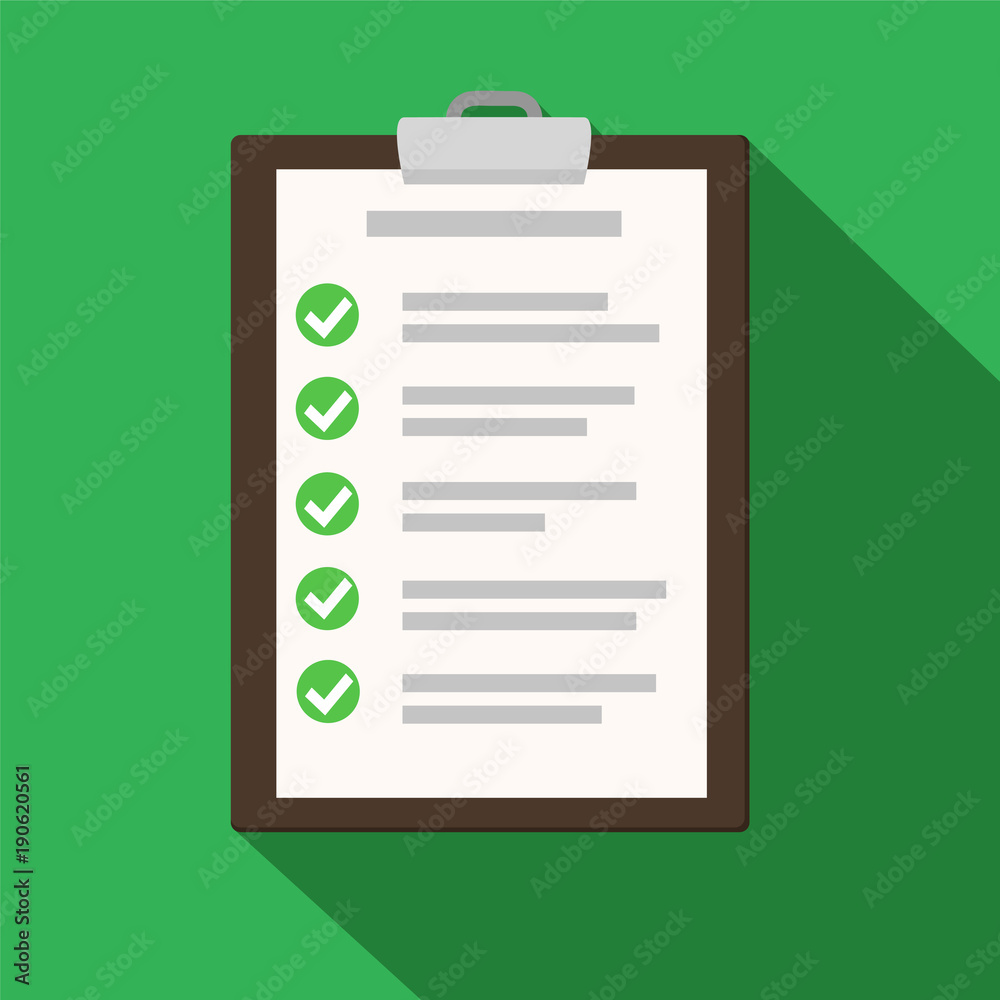 Clipboard with checklist on green. Flat illustration of clipboard with checklist for web stock vector Clipboard with checklist on green. Flat illustration of clipboard with checklist for web stock vector