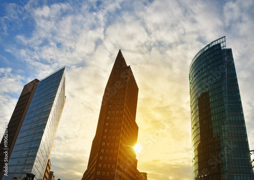Cityscape of downtown with skyscrapers at sunset