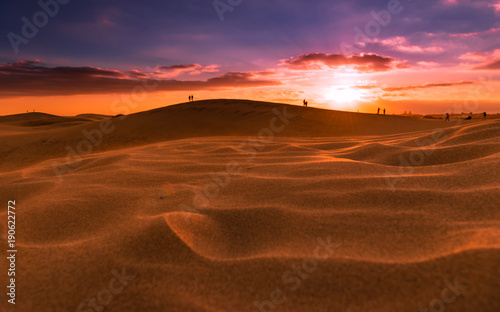 Sunset over the dunes of Maspalomas. Island of Gran Canaria