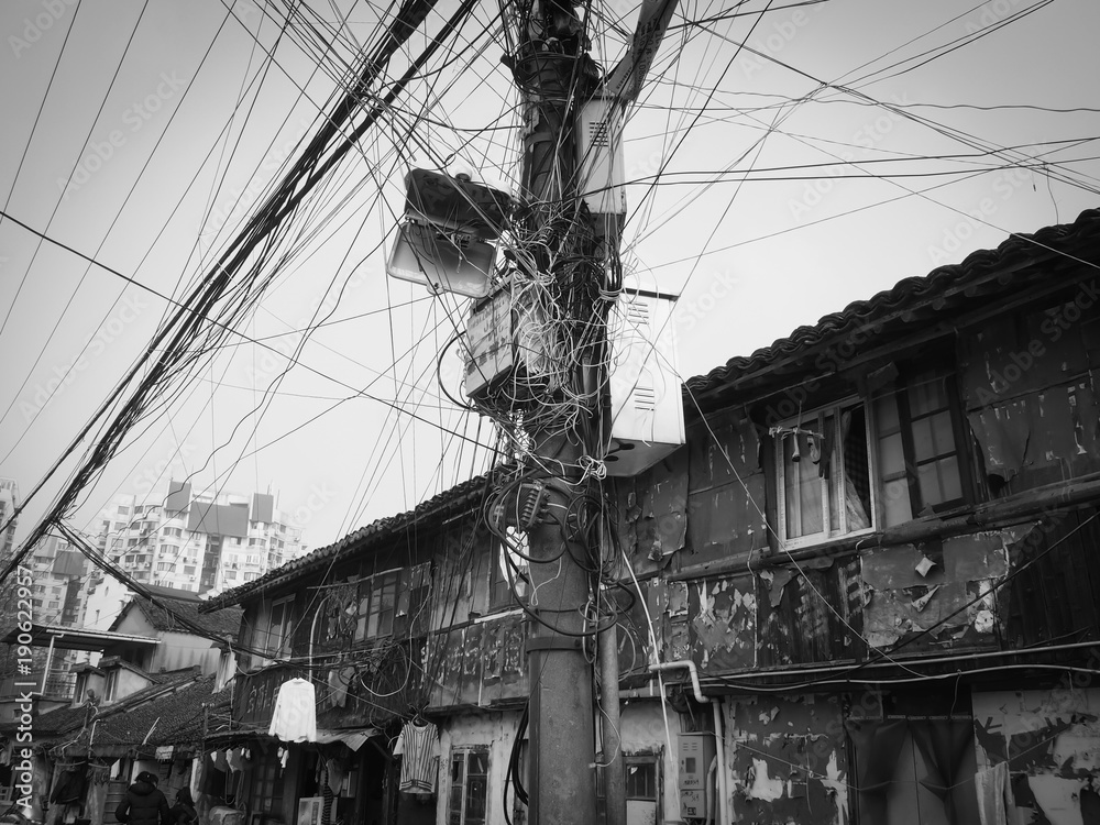 electrical wiring, street scene in Shanghai, China