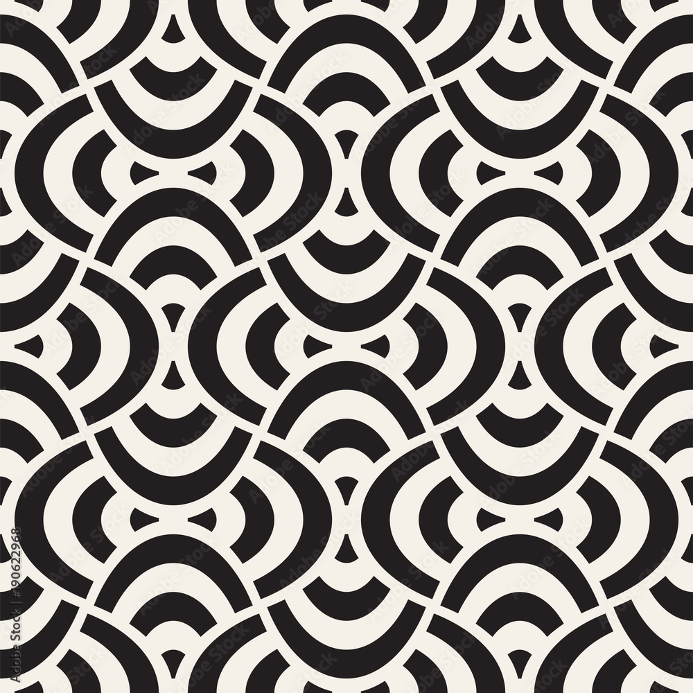 Vector geometric seamless pattern with curved shapes grid. Abstract monochrome rounded lattice texture. Modern textile background design Vector geometric seamless pattern with curved shapes grid. Abstract monochrome rounded lattice texture. Modern textile background design
