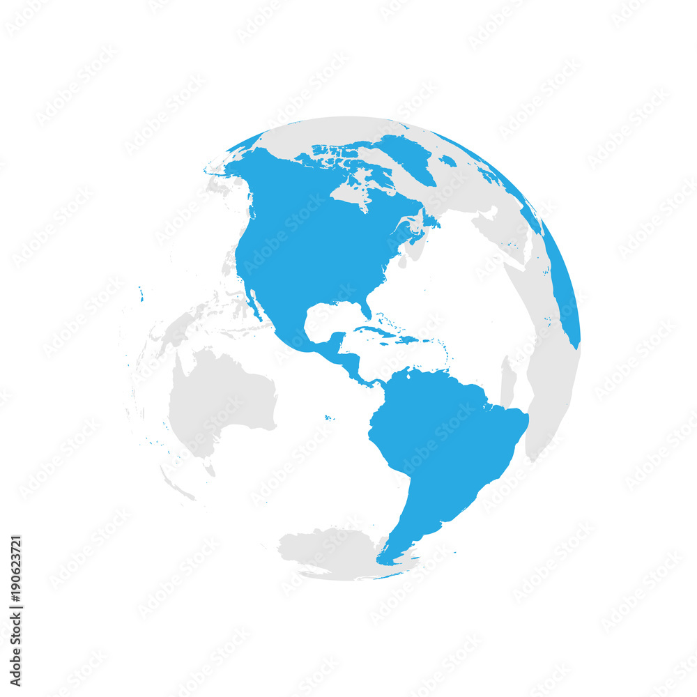 Earth globe with blue world map. Focused on Americas. Flat vector illustration.