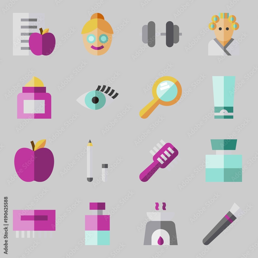 icons set about Beauty. with dumbbell, hairbrush, hair curler, sologne, cream and hand mirror icons set about Beauty. with dumbbell, hairbrush, hair curler, sologne, cream and hand mirror