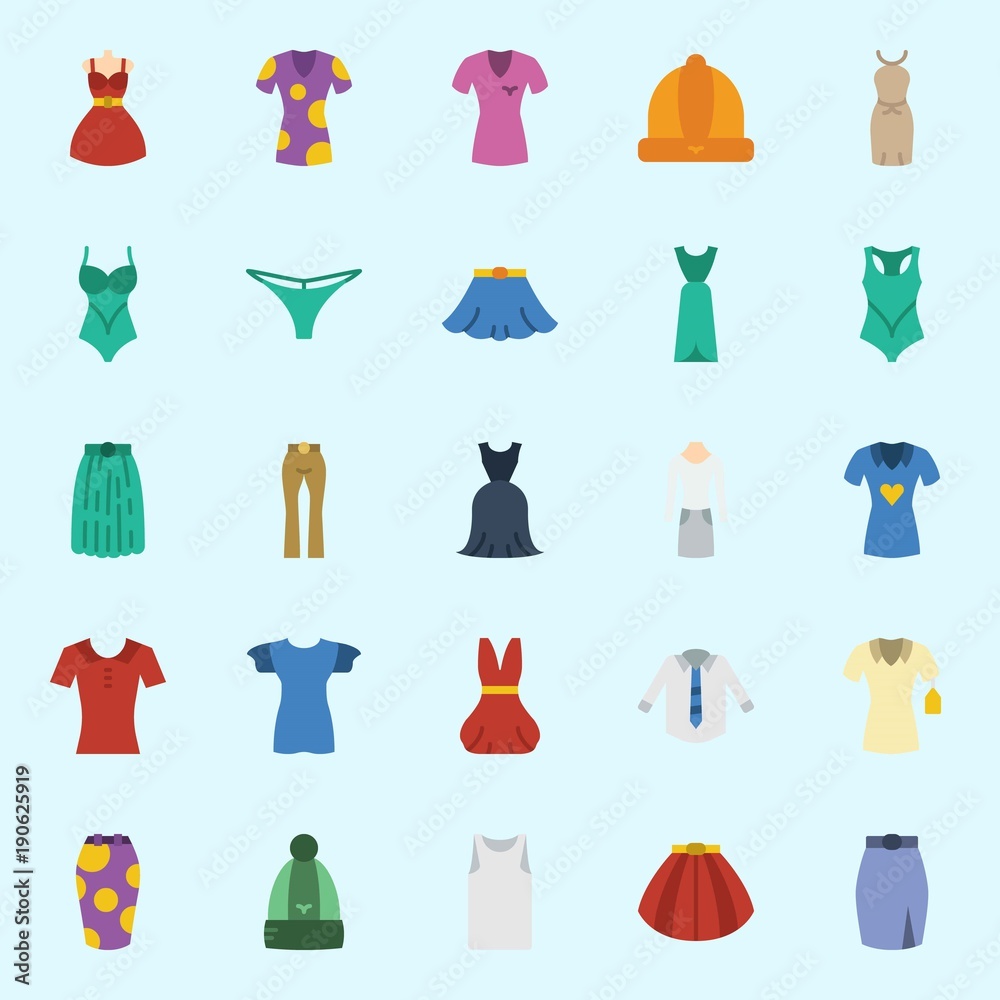 icons set about Women Clothes. with thong, pants, skirt, sleeveless, winter hat and shirt icons set about Women Clothes. with thong, pants, skirt, sleeveless, winter hat and shirt