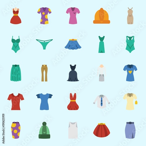 icons set about Women Clothes. with thong  pants  skirt  sleeveless  winter hat and shirt