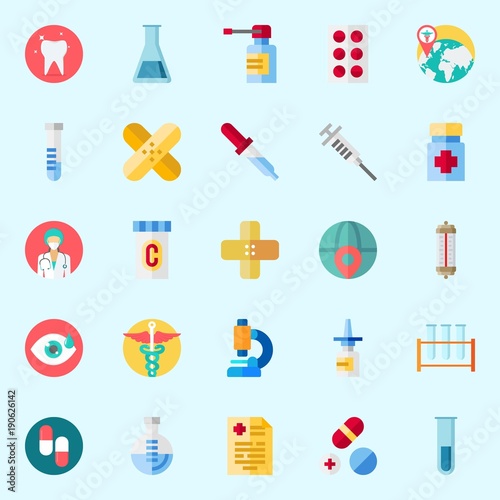 Icons set about Medical with worldwide, medicine, visibility, test tube, pills and flask