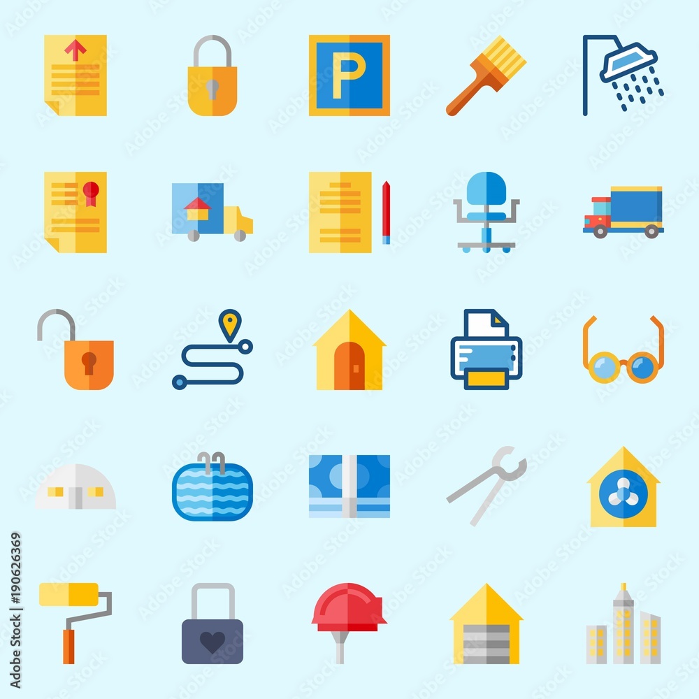 icons set about Real Assets. with security system, painted, real estate, shower, text file and route icons set about Real Assets. with security system, painted, real estate, shower, text file and route