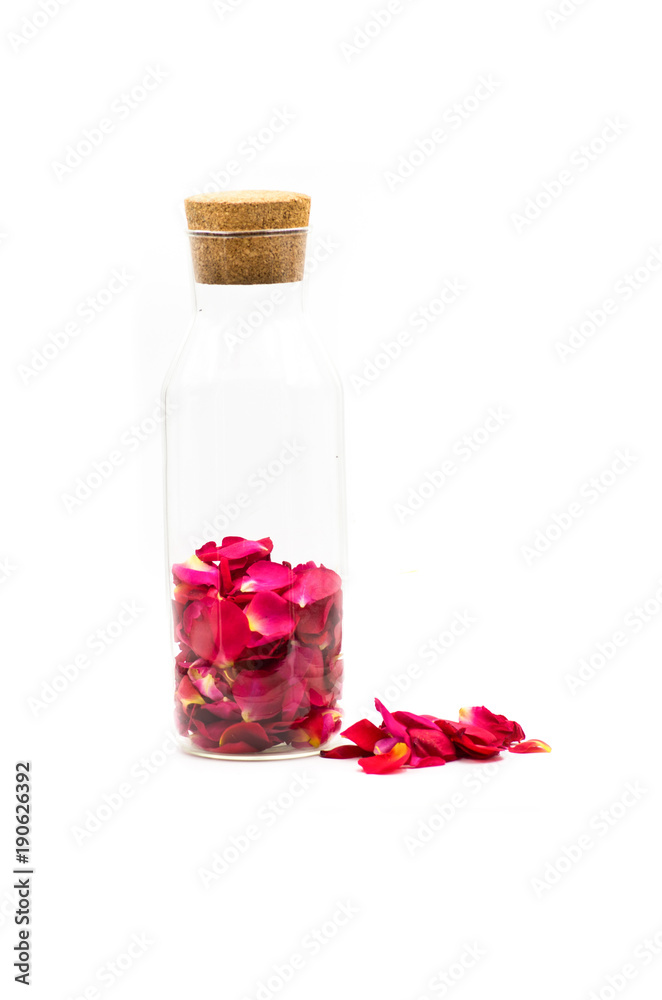 pink rose petals in the glass bottle isolated on white pink rose petals in the glass bottle isolated on white