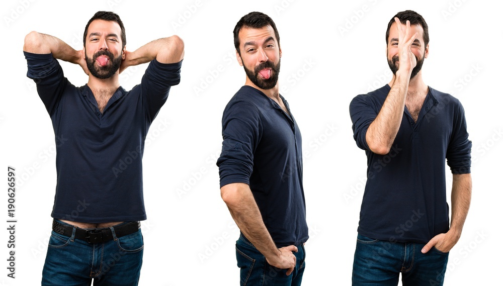 Set of Handsome man with beard making a joke