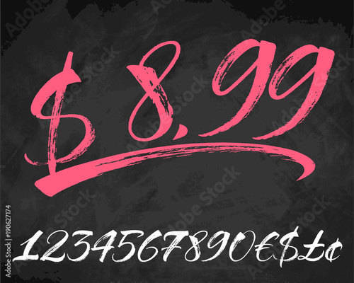 Brush lettering numbers and currency symbols on chalkboard surface. Modern calligraphy, handwritten letters. Vector illustration.