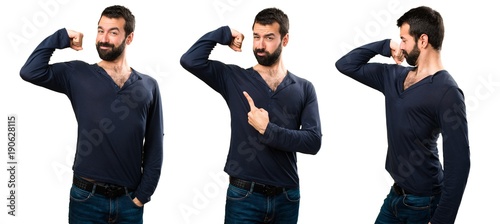 Set of Handsome man with beard making strong gesture