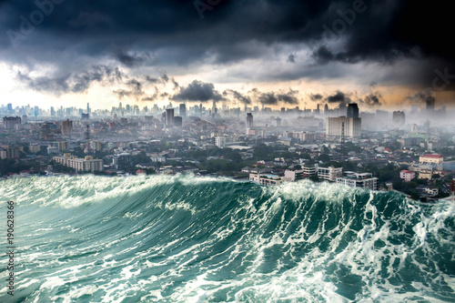 Nature disaster city destroyed by Tsunami waves © bignai