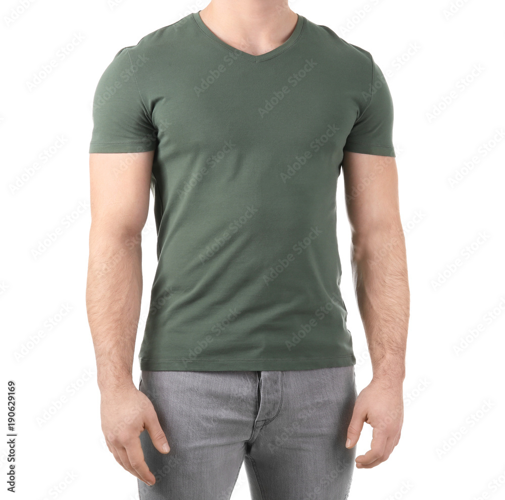 Young man in stylish t-shirt on white background. Mockup for design Young man in stylish t-shirt on white background. Mockup for design