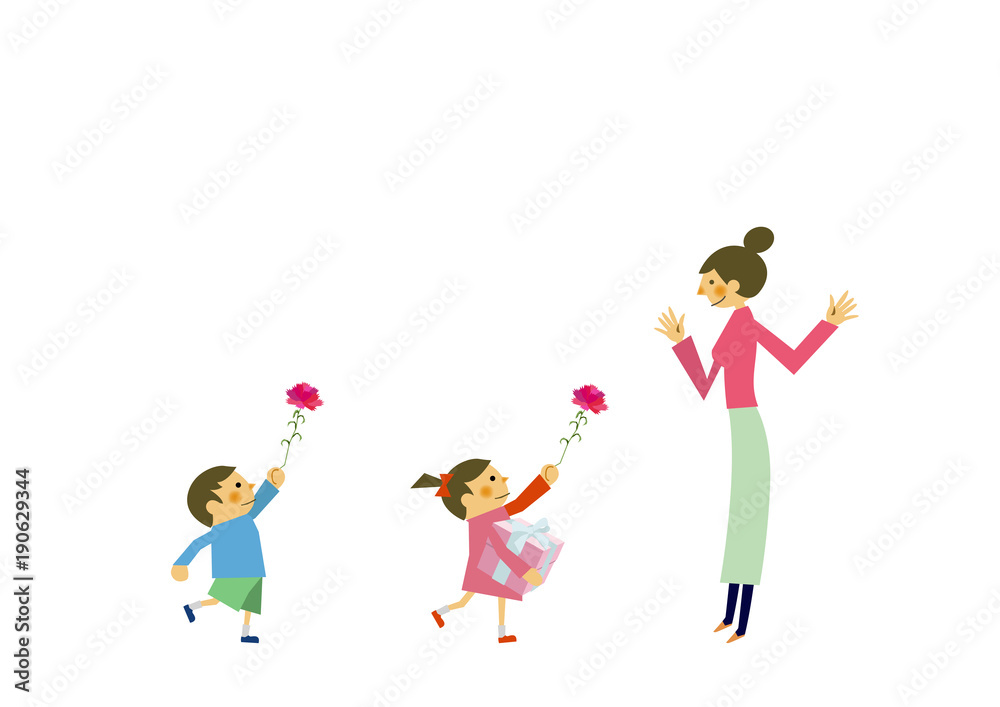 プレゼントを贈る子供と母親。母の日。記念日。誕生日。 プレゼントを贈る子供と母親。母の日。記念日。誕生日。
