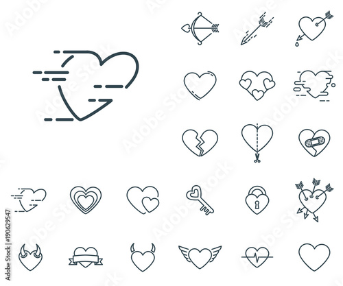 Moving heart icon in set on the white background. Set of thin, linear and modern hearts icons. Universal linear icons to use in web and mobile app.