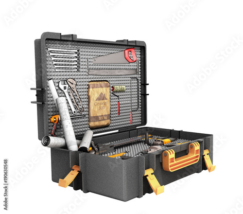 A set of tools in the case 3d render on white background no shadow