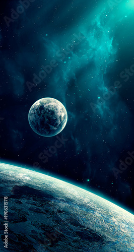 Space scene. Blue nebula with planet. Elements furnished by NASA. 3D rendering