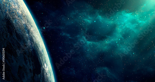 Space scene. Blue nebula with big planet. Elements furnished by NASA. 3D rendering