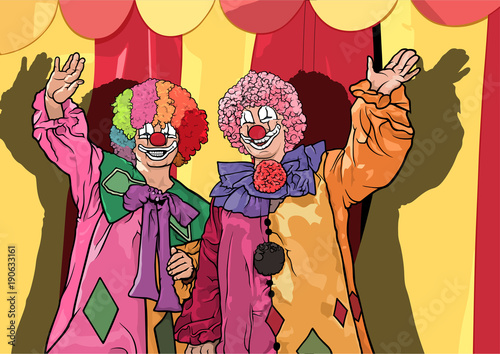 Two Colorful Clowns Waving ...