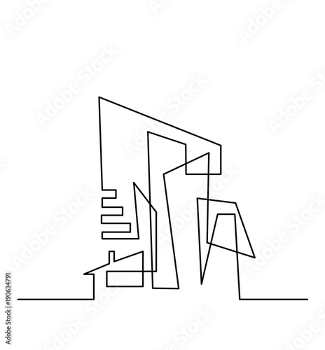 Continuous line drawing. Modern building construction. Silhouette of the city in a flat style. Vector illustration