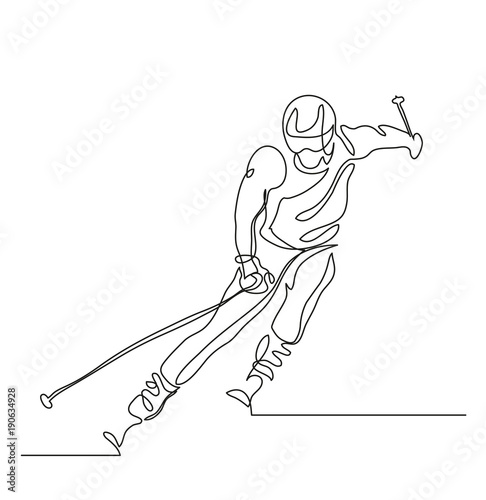 Continuous line drawing. Illustration shows a Alpine skier skiing downhill. Winter sport. Extreme. Vector illustration