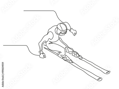 Continuous line drawing. Illustration shows a Alpine skier skiing downhill. Winter sport. Extreme. Vector illustration