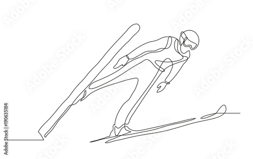 Continuous line drawing. Illustration shows a athlete performs a jump from a springboard to ski. Ski jumping. Vector illustration