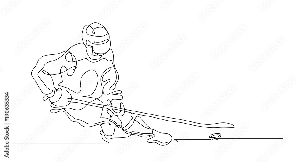 Fototapeta premium Continuous line drawing. Illustration shows a hockey player in attack. Ice Hockey. Vector illustration