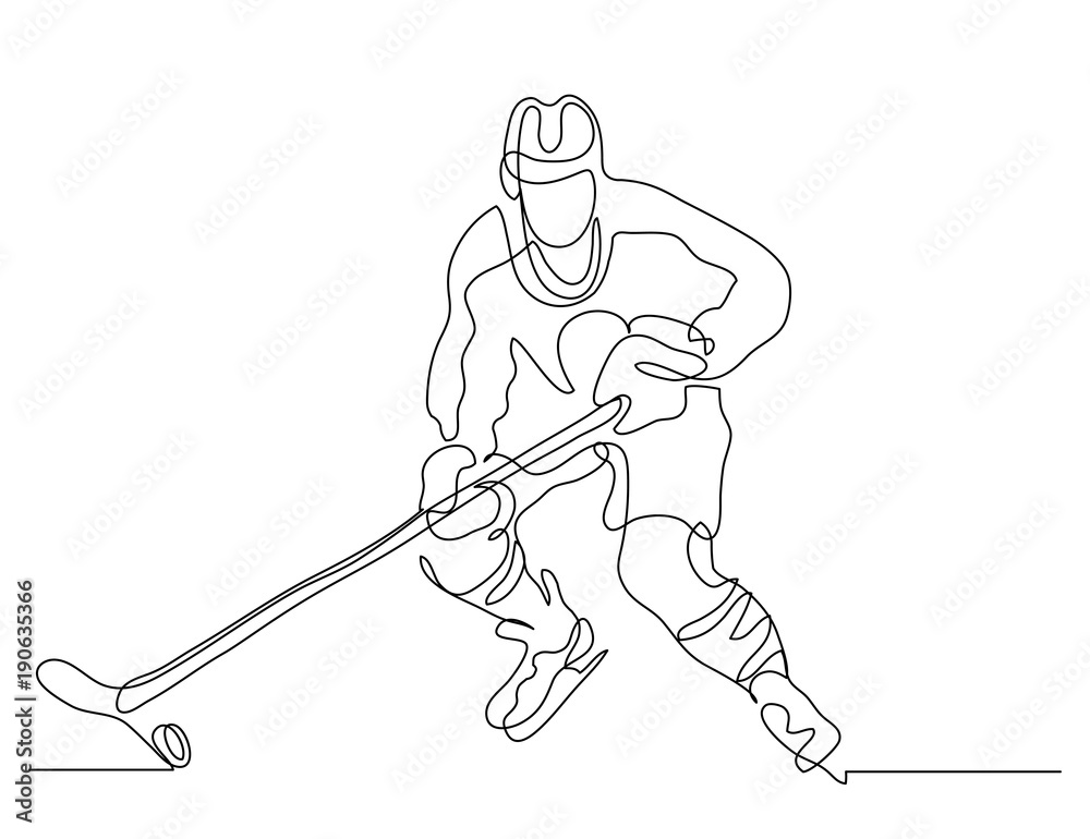 Fototapeta premium Continuous line drawing. Illustration shows a hockey player in attack. Ice Hockey. Vector illustration