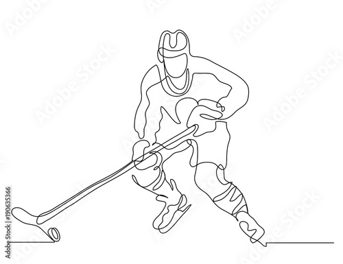 Continuous line drawing. Illustration shows a hockey player in attack. Ice Hockey. Vector illustration