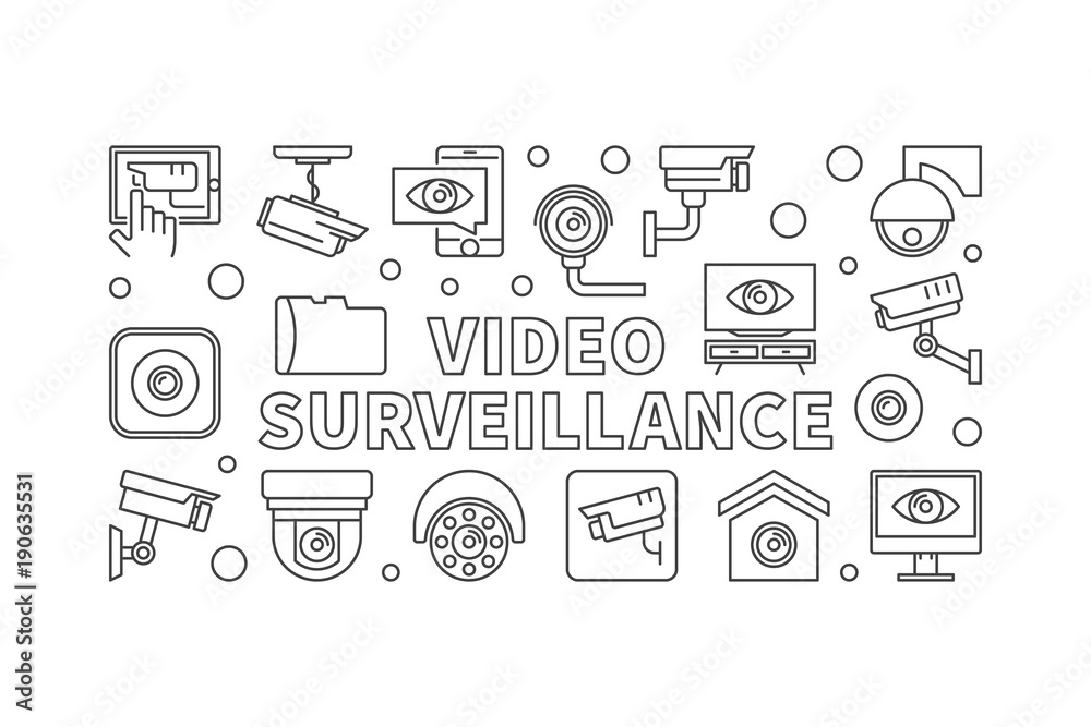 Video surveillance vector banner in thin line style