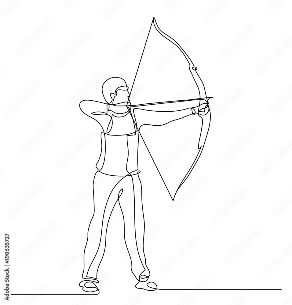 Continuous line drawing. Illustration shows a archer aims at the target